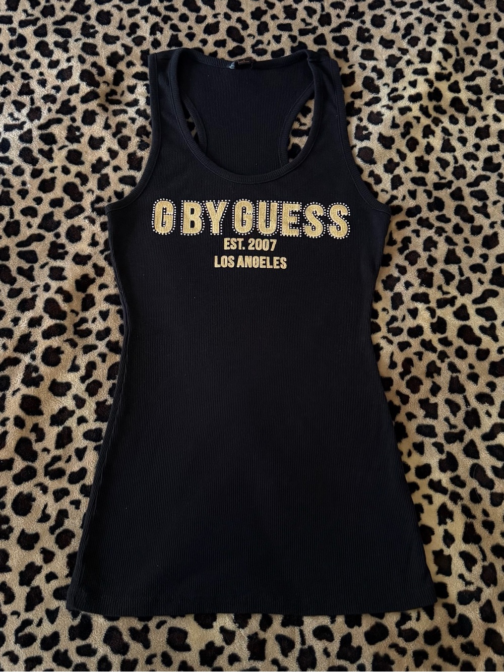 G by Guess Black Racerback Tank with Gold Studded Logo